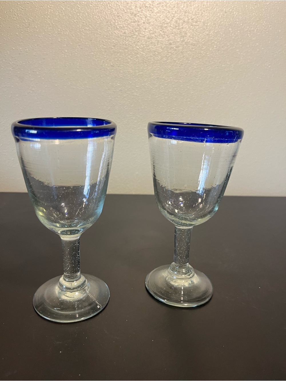 Mexican Hand-Blown Clear Glass Wine Goblets with Cobalt Blue Rim - Set of 2